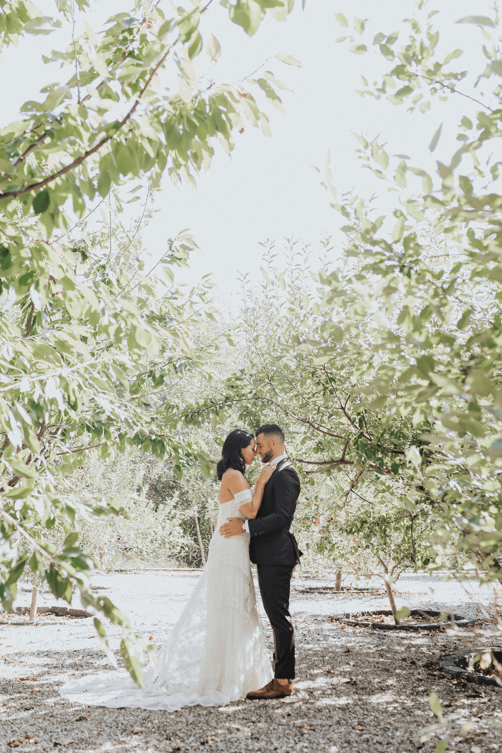 Bride and groom pose in the woods