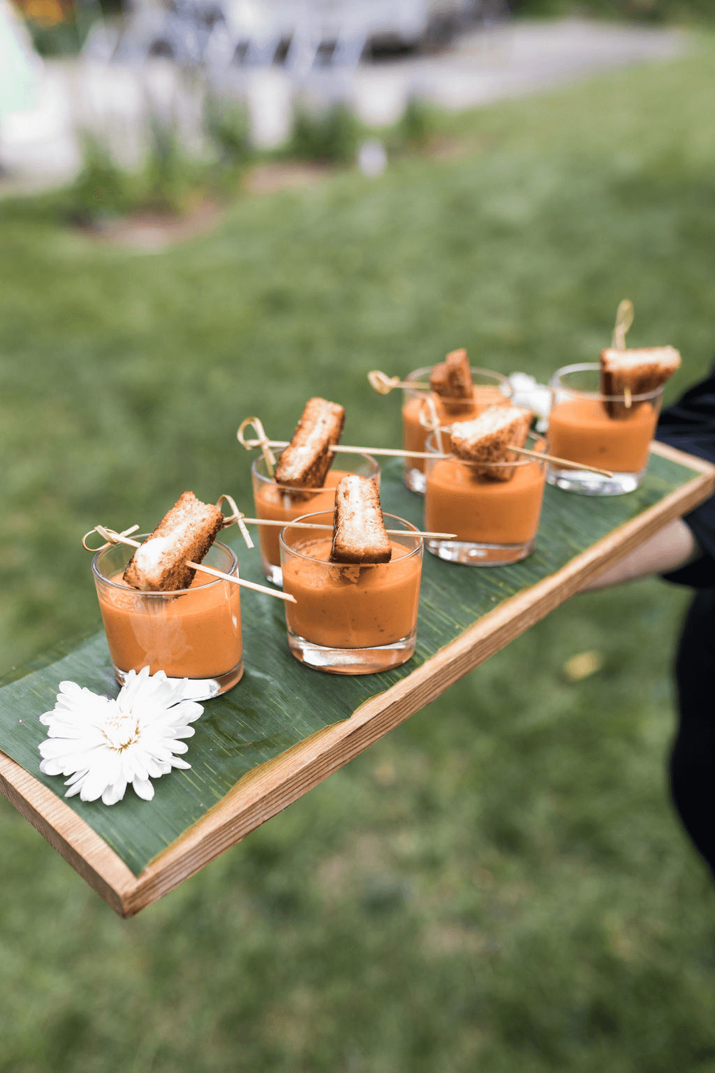 Grilled cheese bites and tomato soup served to guests